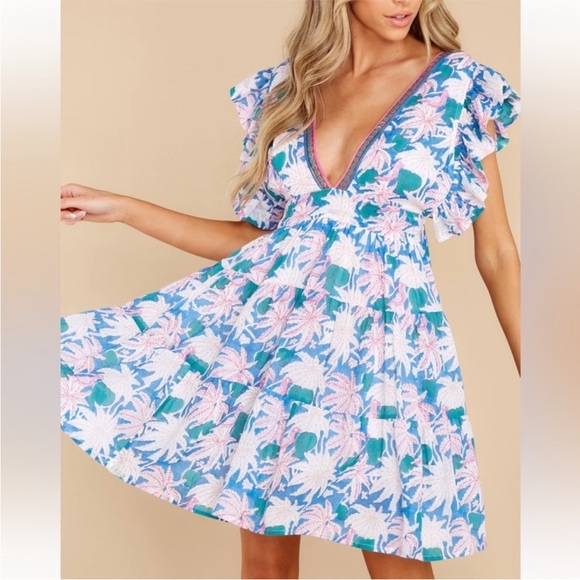 Oliphant Dress Cross Back Mini Ruffle Sleeves in Cayman Blue - Picture 1 of 13